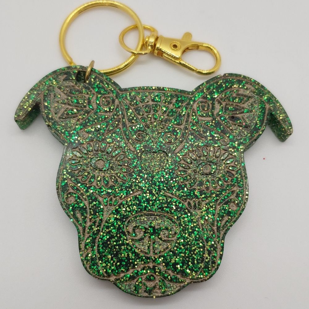 Keychain Pitbull Sugar Skull w/ Glitter